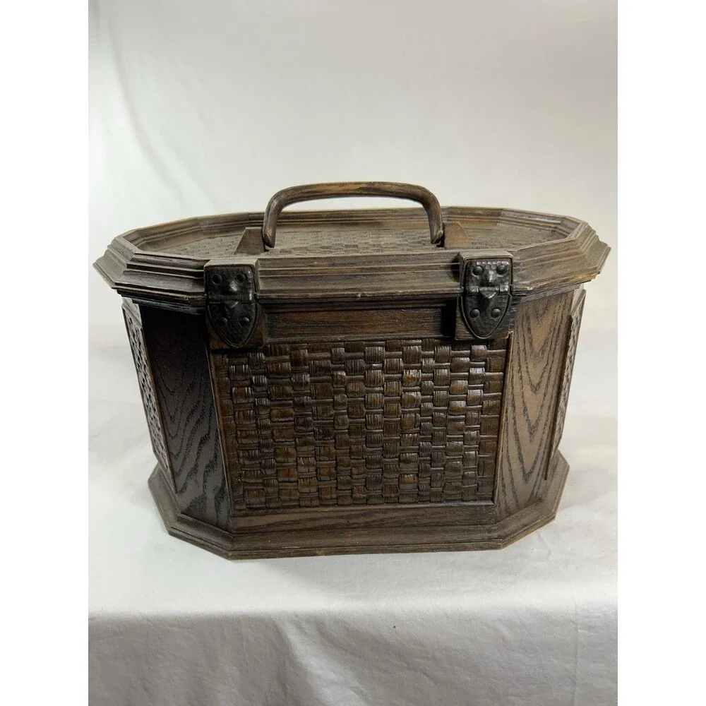 Vintage Lerner Faux Wood Wicker Sewing Box Plastic Basket Weave Storage Craft Ca